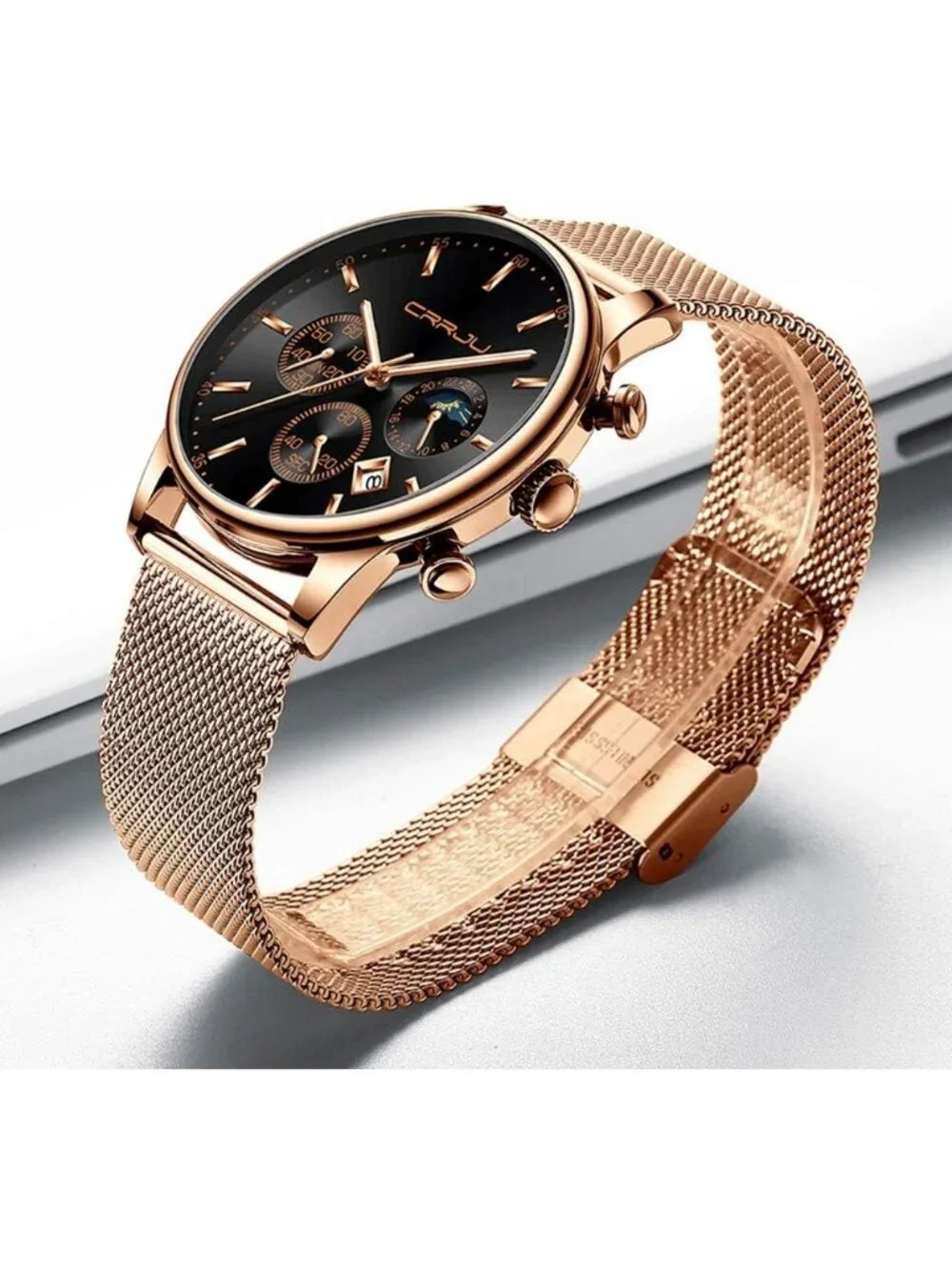 Men's Rose Black Chronograph Auto Date Steel Quartz with Mesh Strap Wristwatch